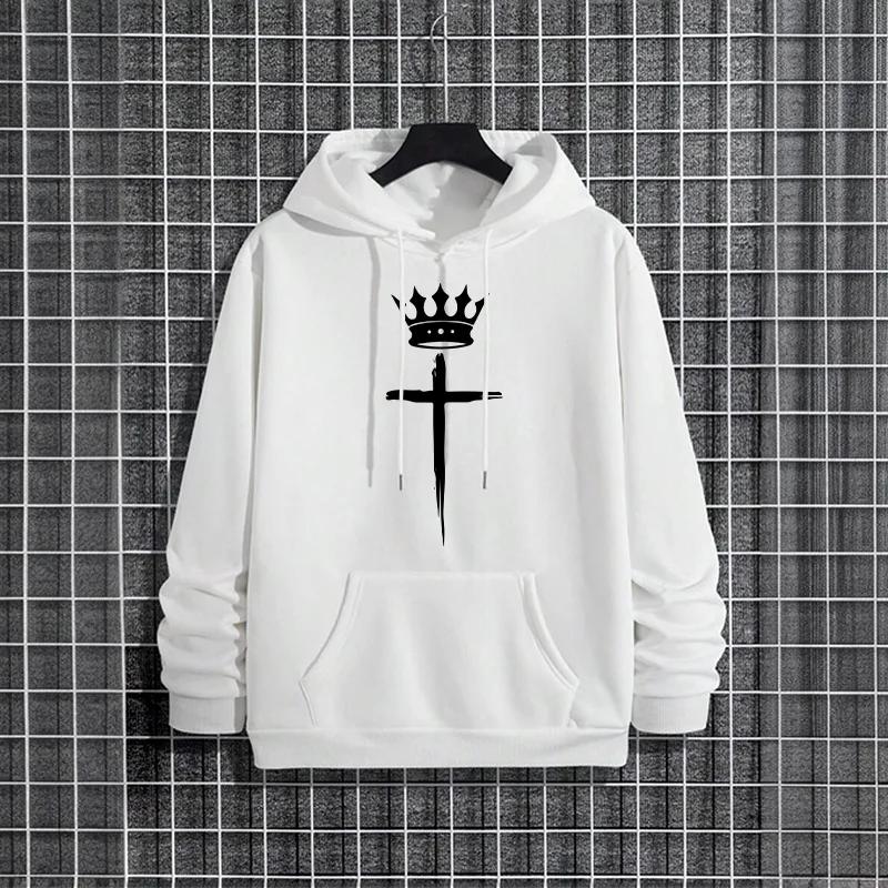 2025 Streetwear Fashion Cross Crown Printed Hooded Sweatshirt Male Trendy Casual Hoody Pullover Urban Outwear Mens Hoodies