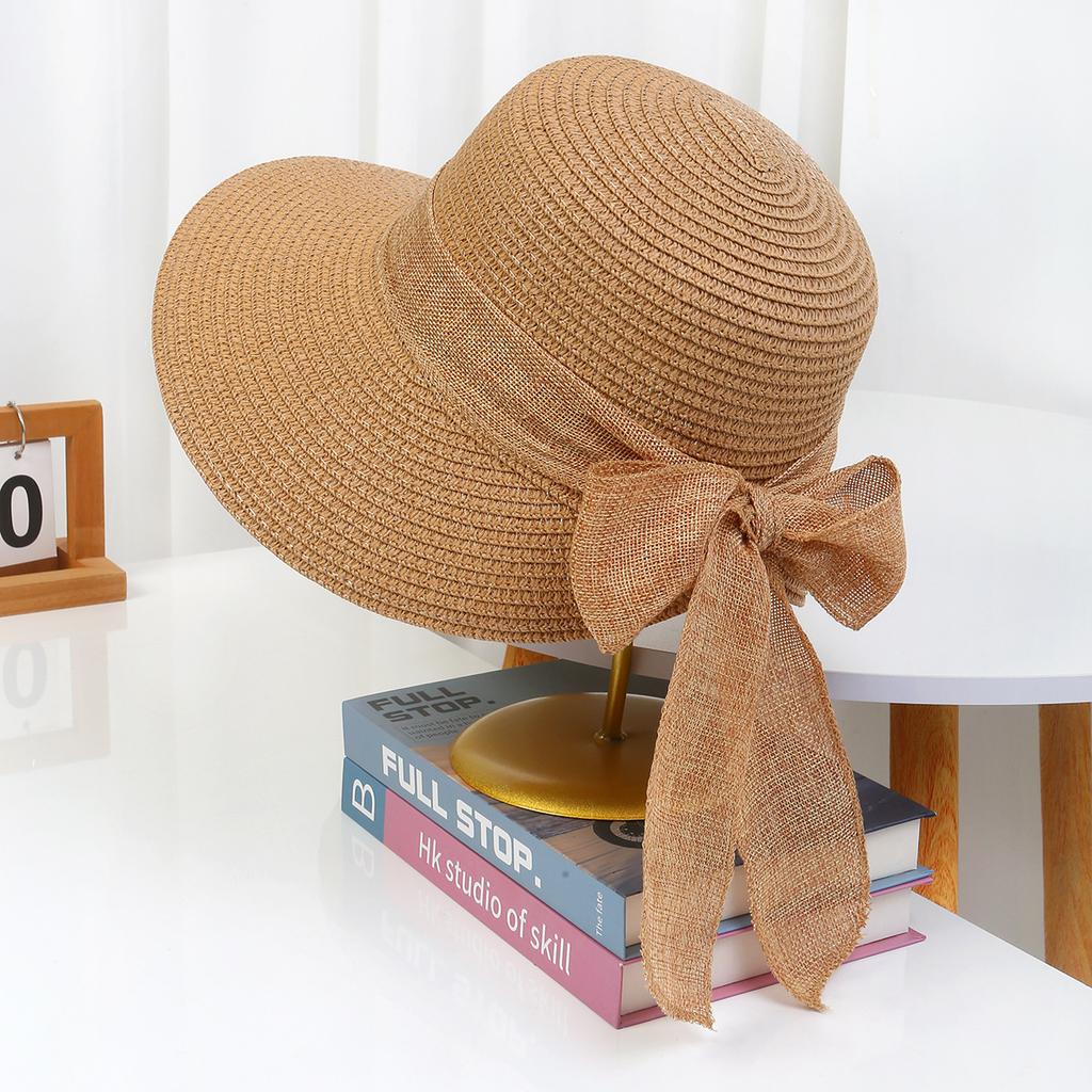 Lace Bow Straw Hat Women's Summer French Large Brim Sunscreen Hat Seaside Beach Vacation Sun Hat