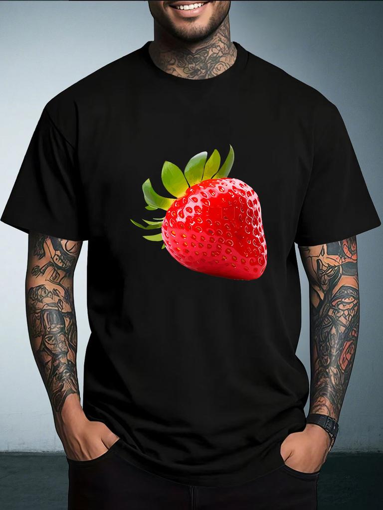 Unisex Black Crew Neck Tee Realistic Red Strawberry Fruit Print Short Sleeve Loose Casual Male Street Daily Summer Fashion Tops