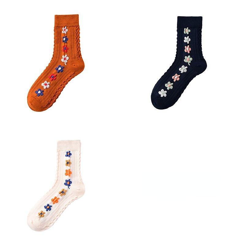3/5pcs Spring Autumn Japanese Harajuku Woman Socks Cotton with Flowers Funny Socks Women Korean Style Kawaii Girls Calcetines Mujer