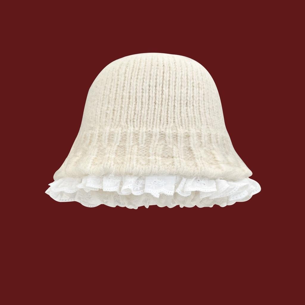 Lazy wind gray knitted hat women's autumn and winter literary lace wool bucket hat showing small face warm pot hat