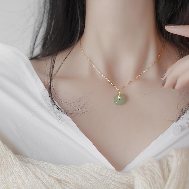 925 Sterling Silver Round Green Stone Pendant Necklace Women Gold Necklace Necklace Fashion Jewelry