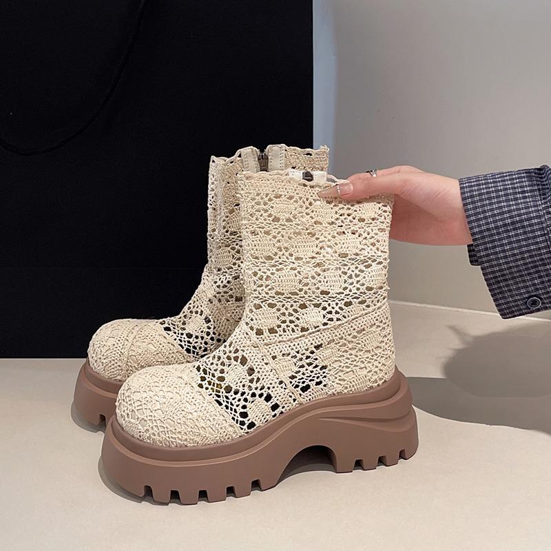 

Fashion Autumn Platform Thick Bottom Woman Ankle Boot Fashion Hollow Out Breathable Shoes Ladies Elegant Lace Mordern Sandalias Booties 35 абрикосовый