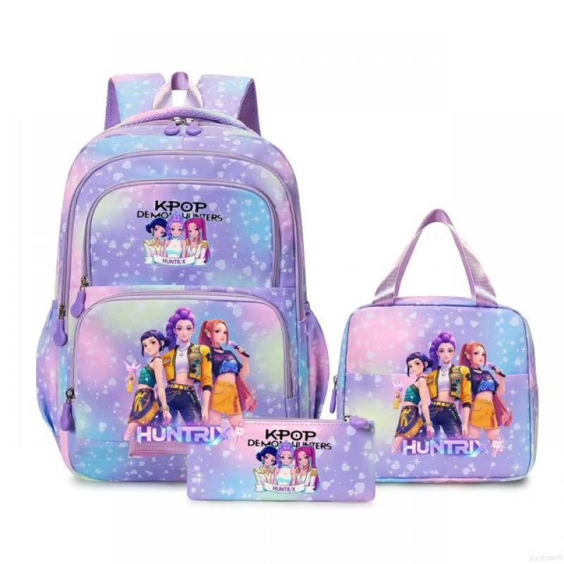 K-Pop Inspired Cartoon School Backpack Set Teen Girls 3pcs Lunch Bag Main Pencil Case Arc Shoulder Straps British Style