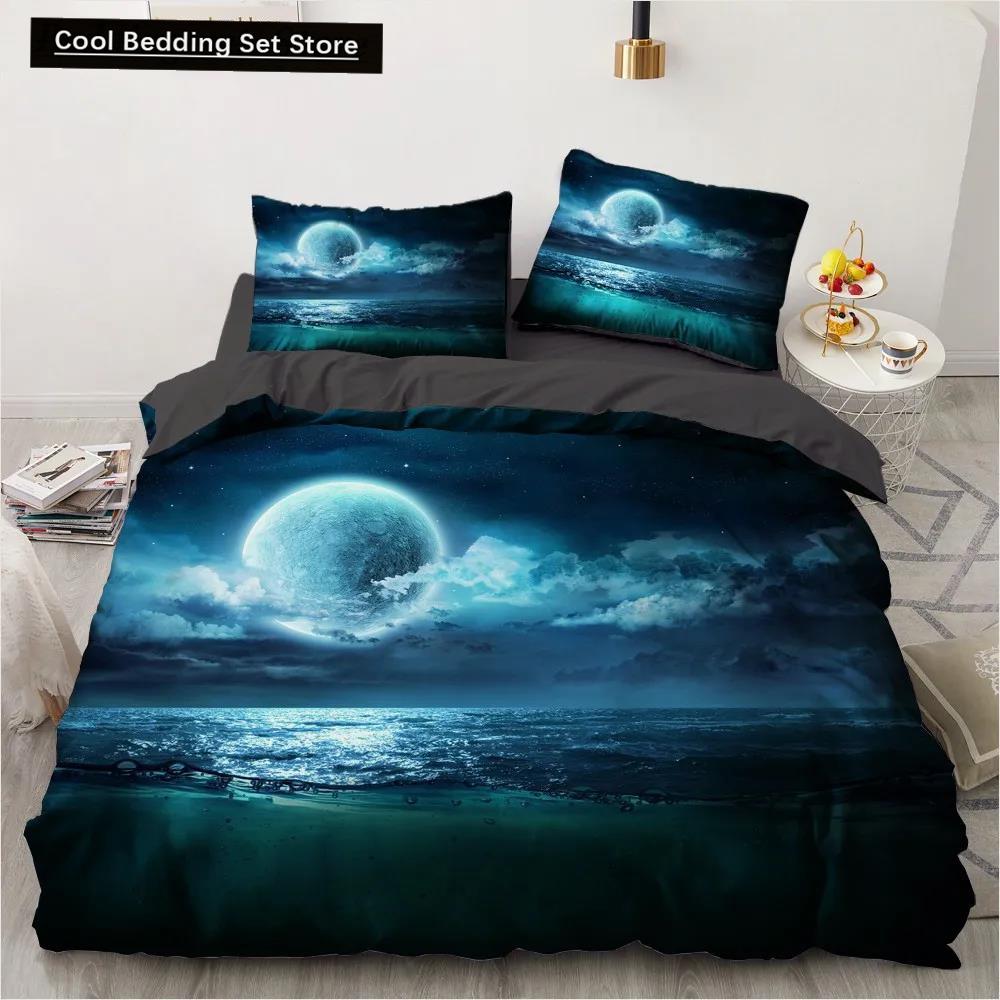 Moon Night Scene King Queen Duvet Cover Red Dark Sky Sunset Clouds Bedding Set Teens Adults Forest 2/3Pcs Polyester Quilt Cover
