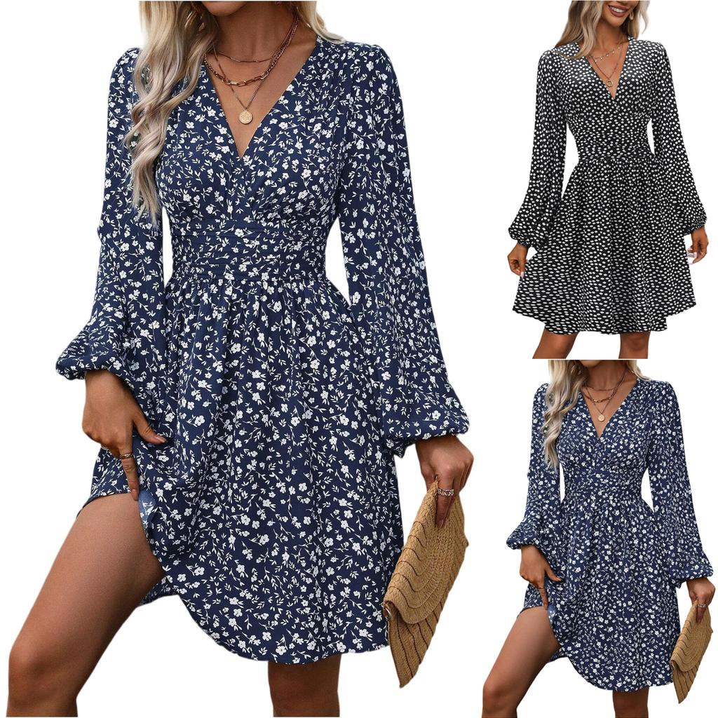 Women's Casual And Fashionable Long Sleeved R-neck Snowflake Print Dress
