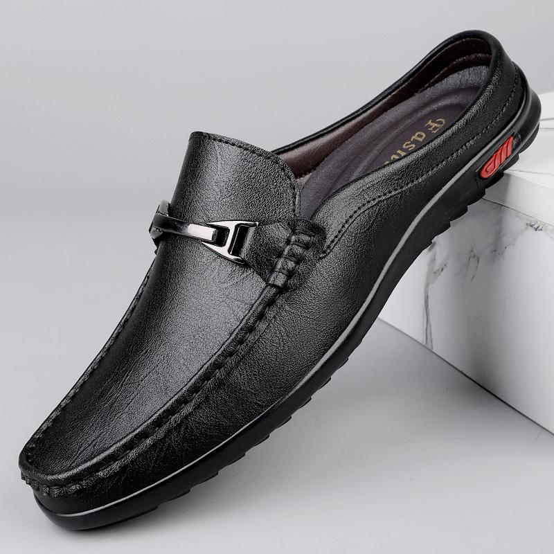 Fashion Men Casual Summer Shoes Hollow Out Men's Driving Shoes High Quality Male Business Shoes Half Slippers Genuine Leather Loafers