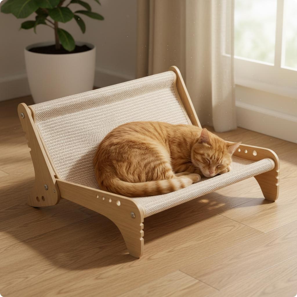 Wooden Feline Lounge Chair Wood-Framed Wooden Feline Couch Raised Pet Recliner Unobstructed Design Jute Pet Lounge Bed