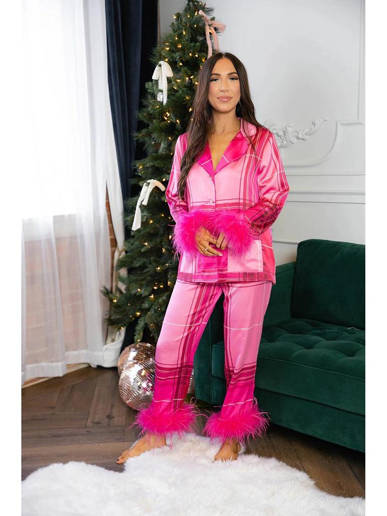 Świąteczny satynowy nadruk casualowy zestaw piżamowy dla Europy i Ameryki