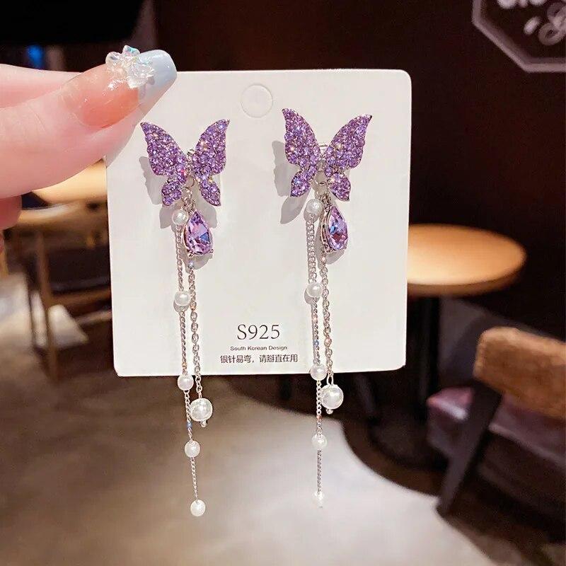 Luxury Purple Butterfly Long Tassel Earrings Ladies Brincos Trendy Crystal Dangle Drop Earrings Girls Party Jewelry Accessories Gift