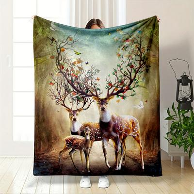 Deer with Elaborate Antlers Resembling Trees Decorated with Flowers and Fruit. for All Seasons Blanket Lunch Break Throw Gift