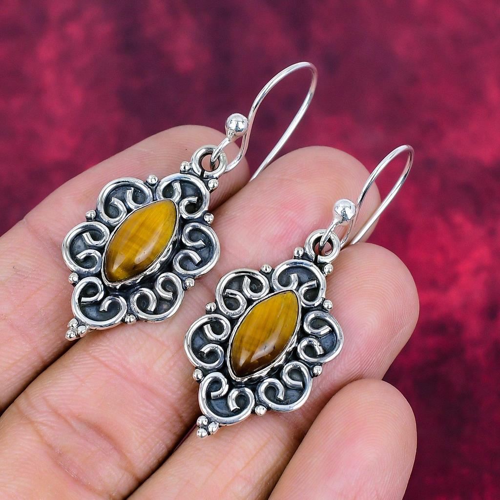 Tiger Eye Handmade Gemstone Earrings, 925 Solid Sterling Silver Earrings Antique Jewelry, For Engagement Gift