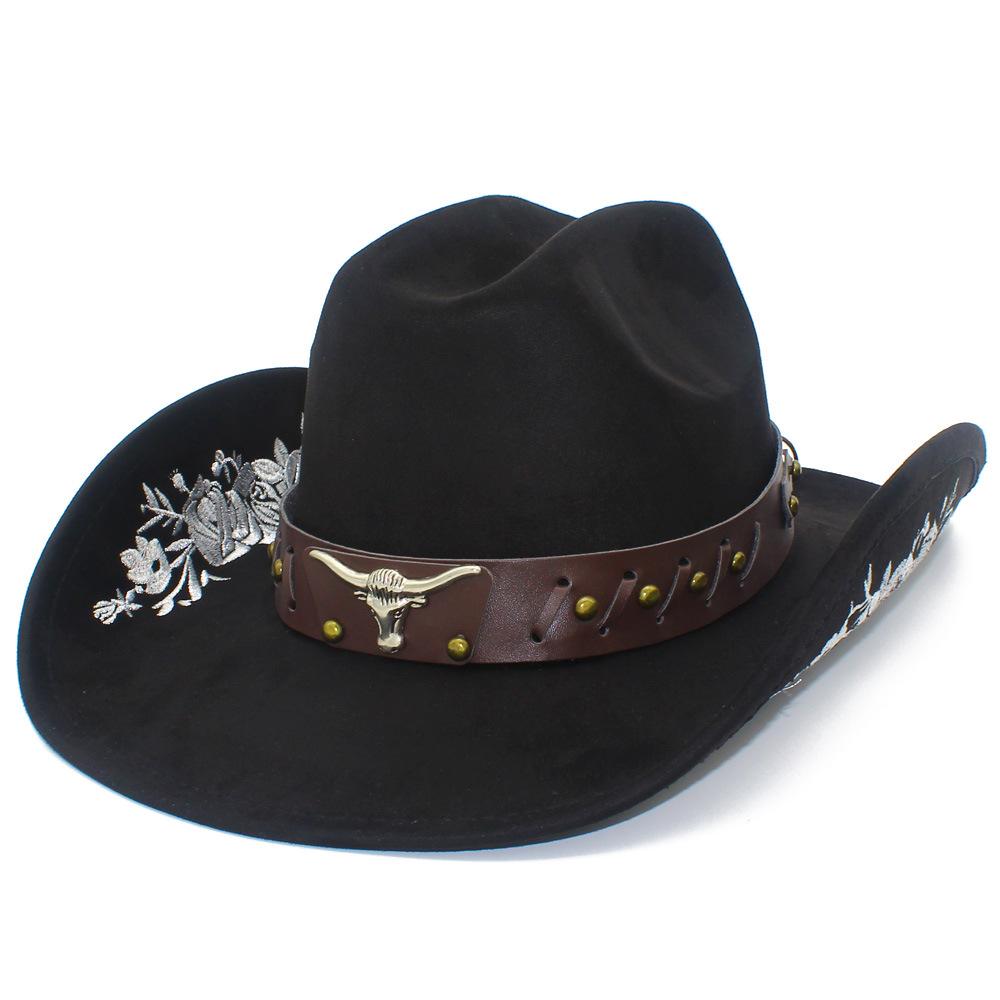 Fashion Embroidered Suede Western Cowboy Hat Big Brim Curved Brim Bull Head Accessories Jazz Hat Men and Women Couple Knight Hat