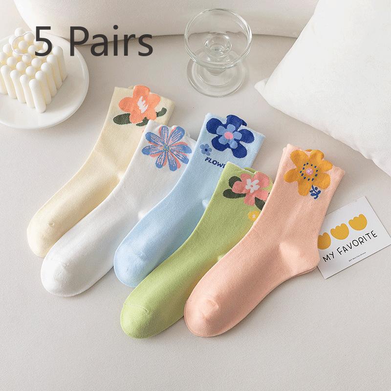 5 Pairs of Spring and Autumn Socks, Women's Mid-calf Socks, Thin, Non-pouting Tulip Stockings, Three-dimensional Solid Color, Versatile Flowers