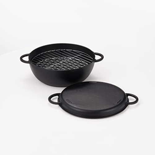 Ishigaki Iron Pot, Multi-Purpose Pot, IH Compatible, with Ceramic Bowl, Cast Iron, 33cm Wide X 26.5cm Deep X 12cm High, Iron Pot with Ceramic Bowl, Bo