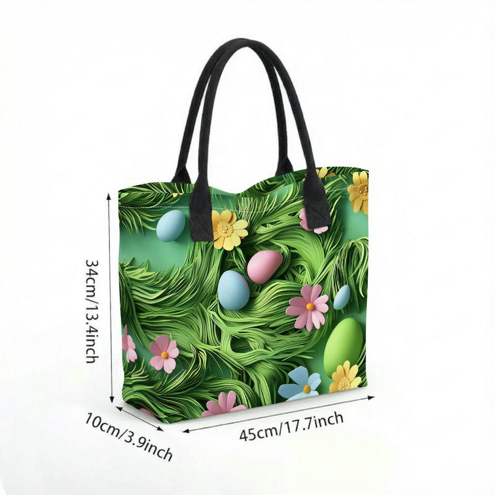  Easter Style Tote Bag Floral Grass Printed Large Capacity Casual Daily Handbag for Shopping Travel