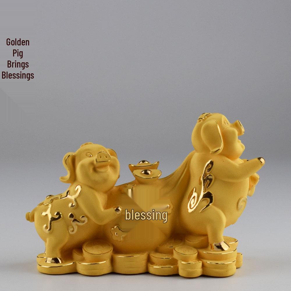 Golden Velour Pig Ornament: Wealth-Attracting Chinese Zodiac Home Decoration and Birthday Gift. H064