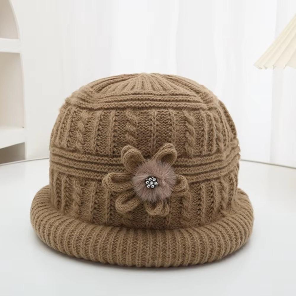 Plush Floral Knitted Bucket Hat Handmade Warm Fisherman Hat Retro Woolen Hat  Grandma
