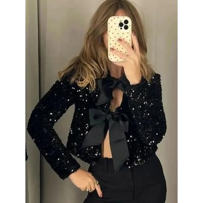 Veste Femme Mode Paillettes Nœud Lacets Élégante Col Rond Manches Longues Coupe Slim Courte Automne Chic Fête Streetwear