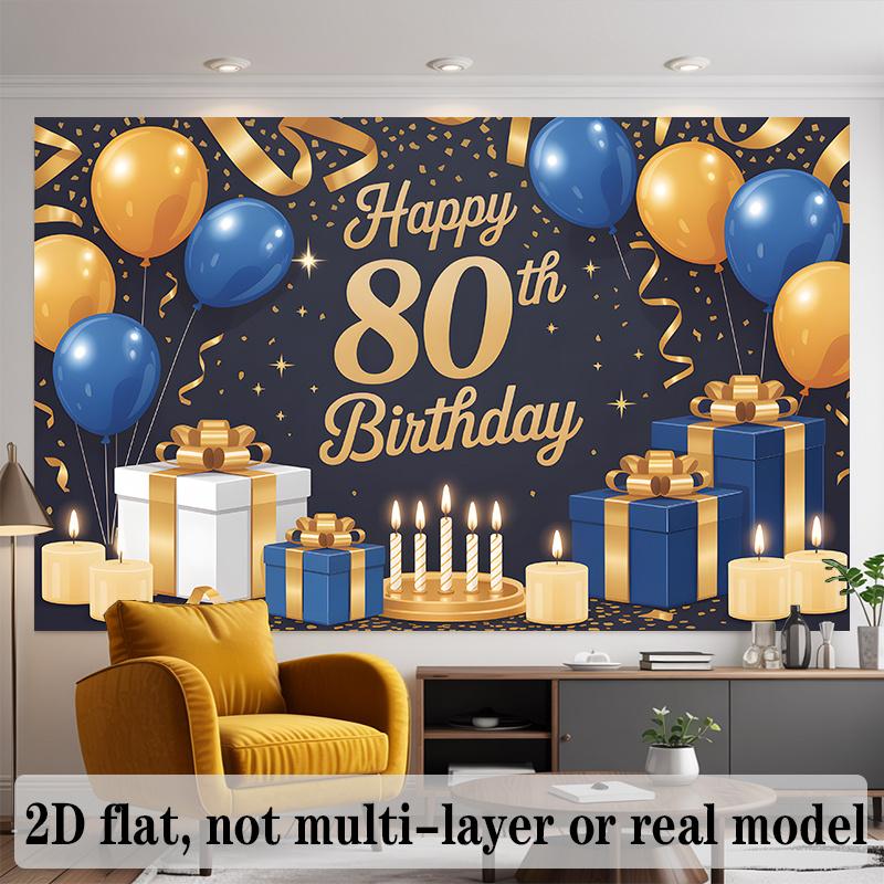 Party Backdrop 80Th Birthday Blue Elegant Flat Banners Golden Balloons Boxes Candles Photo Booth Decor Front Door Decor