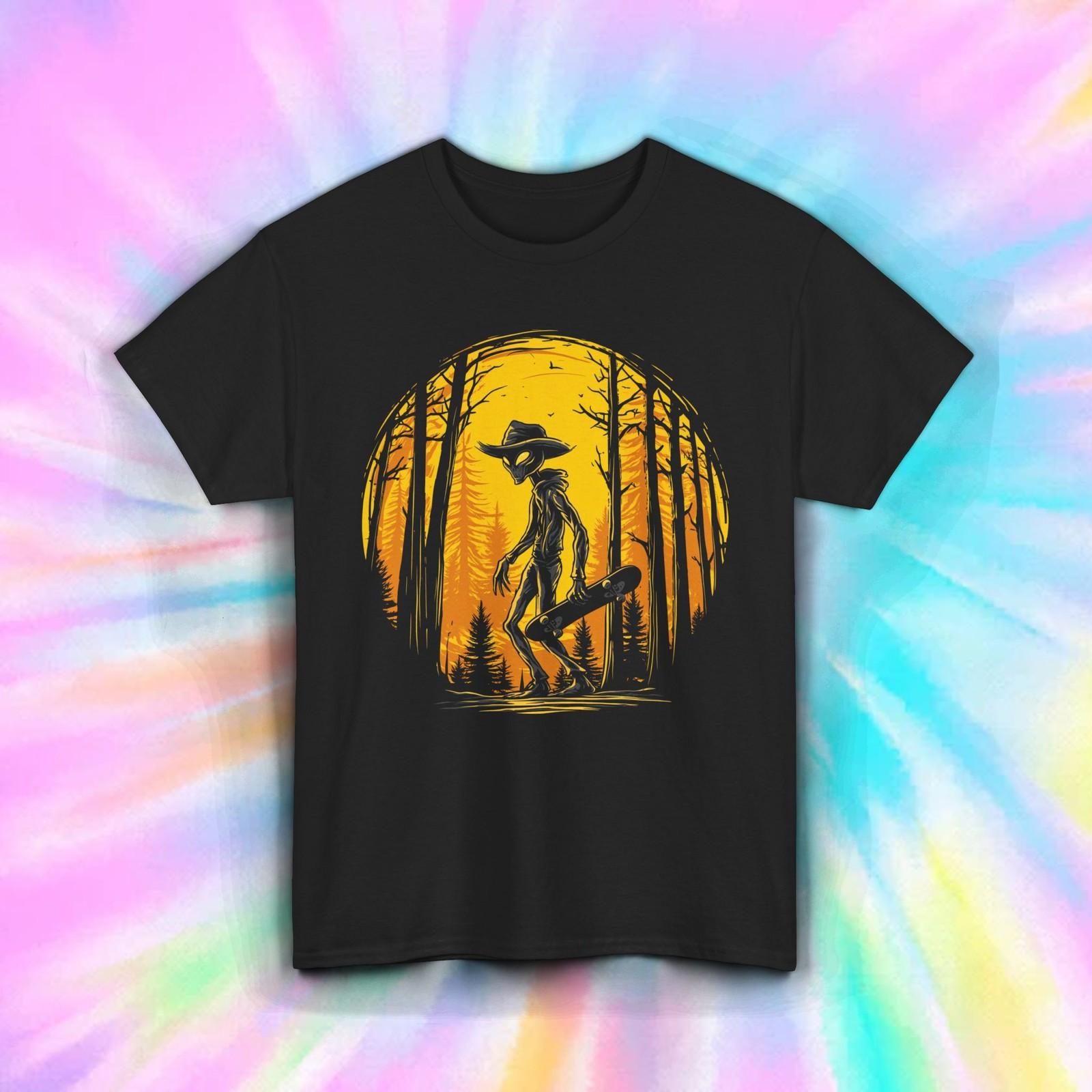 Alien Skateboarding Shirt Funny Outer Space Forest Hat UFO Skater Graphic Tee XXXXL
