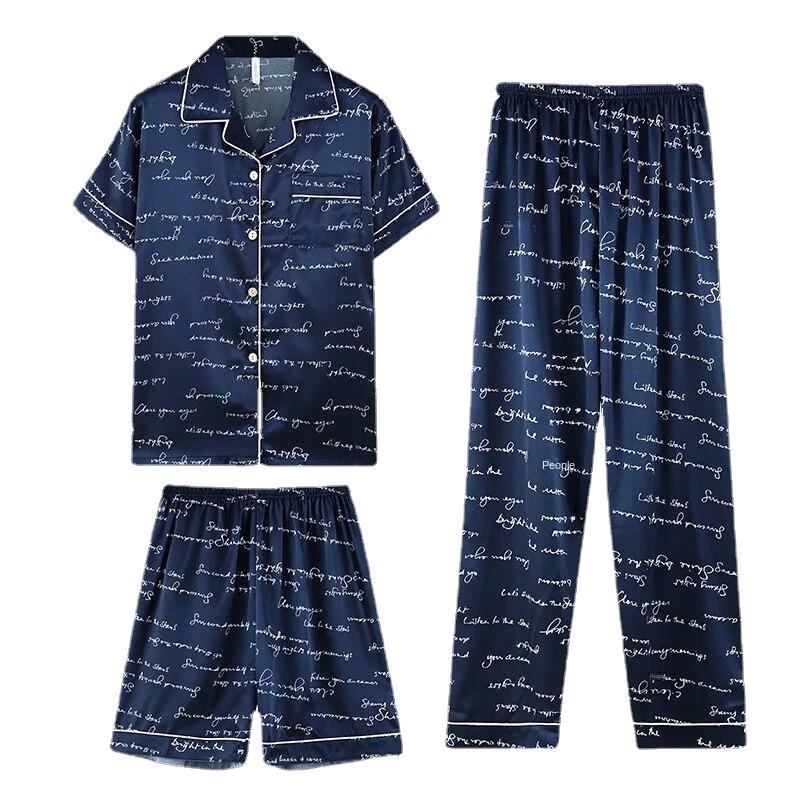 Fashion Summer Autumn 3 Piece Silk Men Pajamas Set Short Sleeve Shorts Oversize Homewear Lapel Collar Loungewear Pijamas for Man