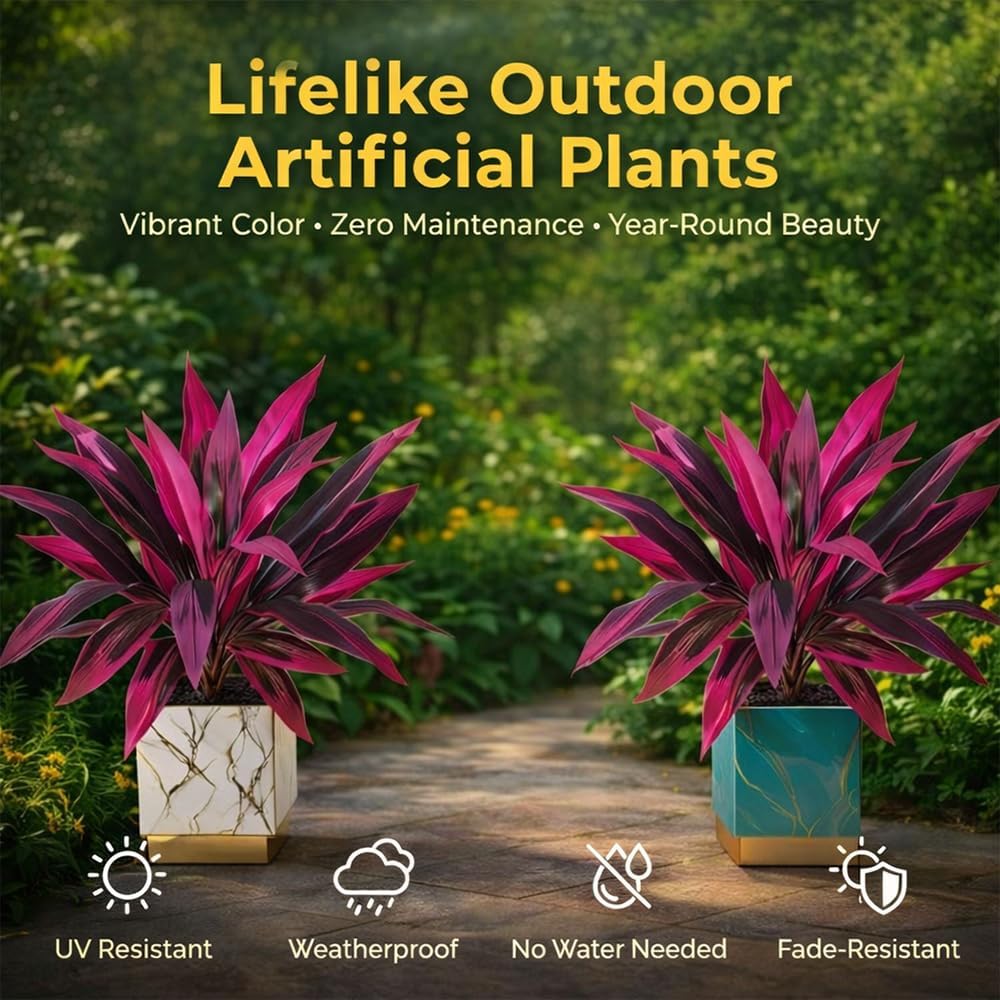 Large Realistic Artificial Boston Fern & Dragon's Blood Tree Artificial Turf UV Resistant Red Cordyline Ti Plants Red/Pink Vibrant Purple Leaves