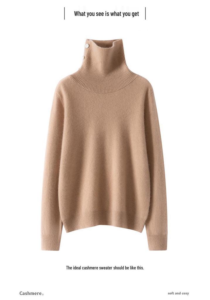 High Collar Buckle Cashmere Women's Loose Slimming Knitted Pullover Sweater