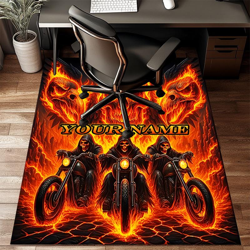 1PC Custom Name Skulls Fire Motorcycles Theme Floor Mat Ideal for Living Room, Game Rooms, Office, Bedroom,Floor Mat Playful Design