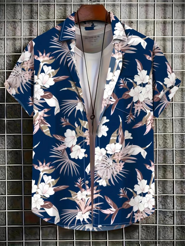 Tropical Leaf Print Short Sleeve Shirt, Casual Button Up Summer Shirt for Men