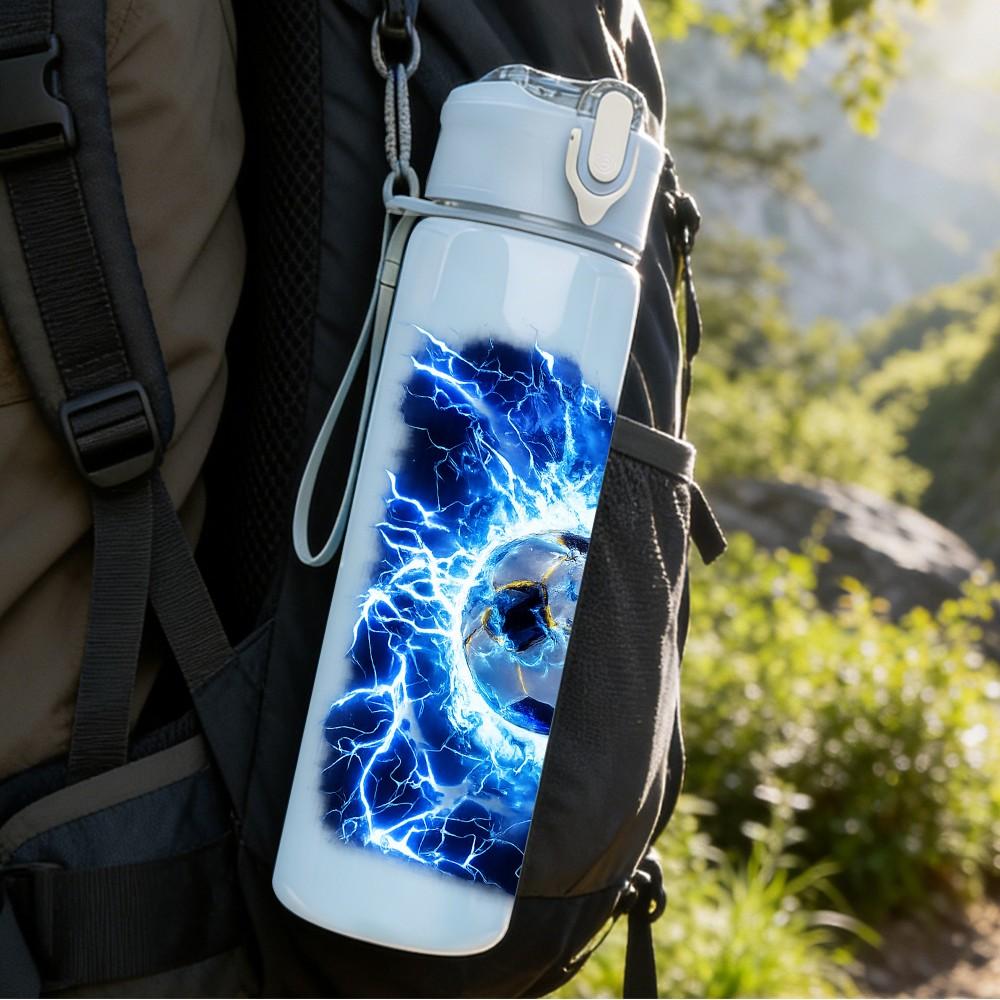 1PC Blue Lightning Soccer Ball Print 750ml Color Plastic Sports Water Bottle Leakproof Flip Straw Lid Suitable for Sports Office Home Use