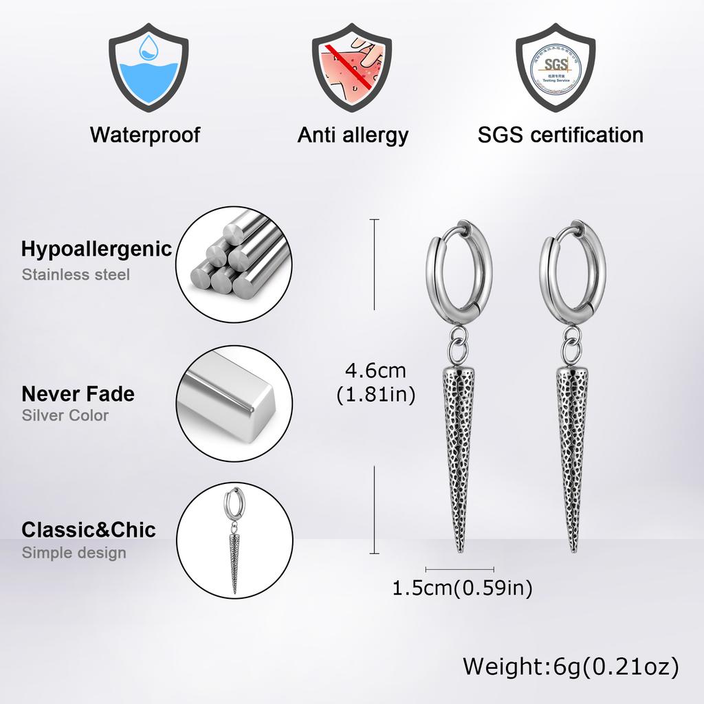 Stainless Steel Punk Gothic Cone Drop Earrings for Men, Fashion Silver Color Long Pendant Earrings, Vintage Hip-hop Jewelry
