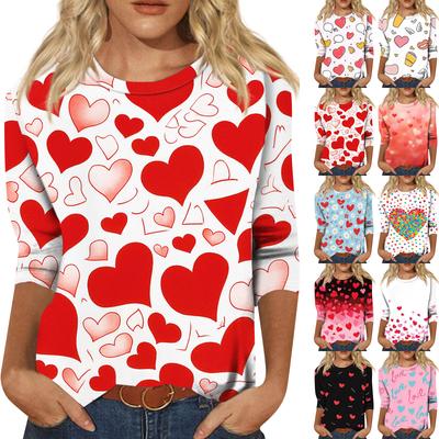 Blusa Casual da Moda Feminina com Manga Três Quartos Estampada para o Dia dos Namorados com Gola Redonda