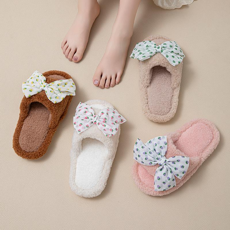 Polka Dot Bow Open Cotton Slippers Ins Fluffy Slippers Less Contrasting Plush Slippers