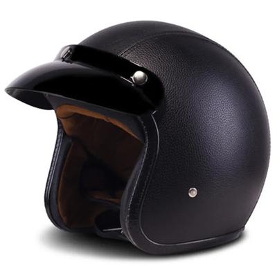 Vintage Black Leather 3/4 Open Face Motorcycle Chopper Bike Helmet PU Leather Motorbike Safety Gear for Men And Women