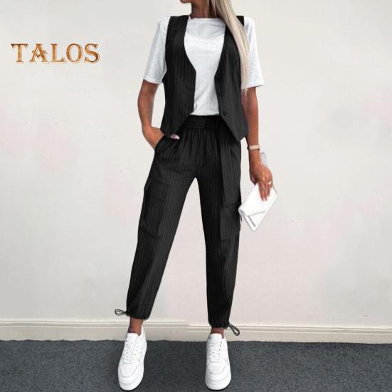 

2 шт./компл., женский жилет и брюки, комплект с V-образным вырезом, однобортный жилет без рукавов, в полоску с высокой талией и завязками по краю, девятые брюки, формальный офисный топ для поездок на работу