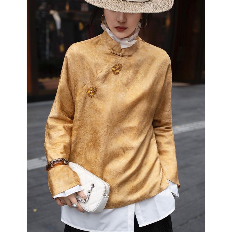 Rong Tai Women s 2026 Long-Sleeve Gourd Embroidered Silk Jacquard Shirt Small жёлтый
