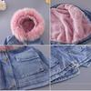 Korean Style Girls' Winter Denim Coat with Big Fur Collar and Velvet Lining