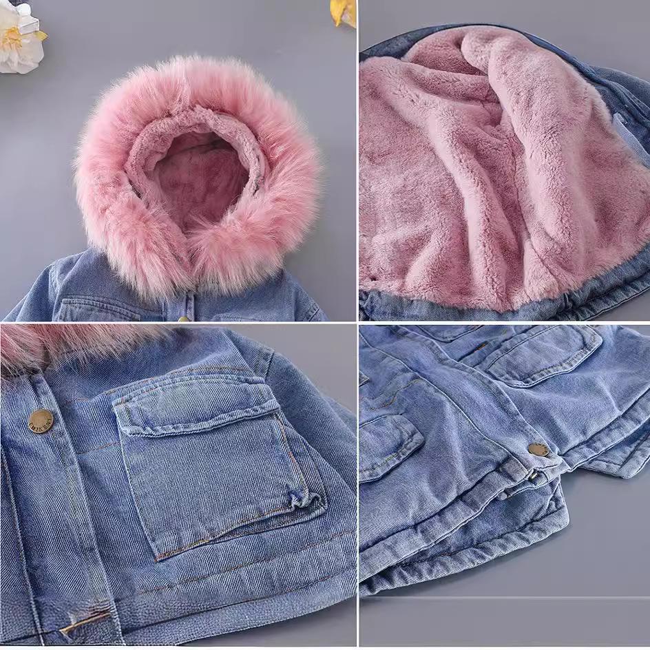 Korean Style Girls' Winter Denim Coat with Big Fur Collar and Velvet Lining