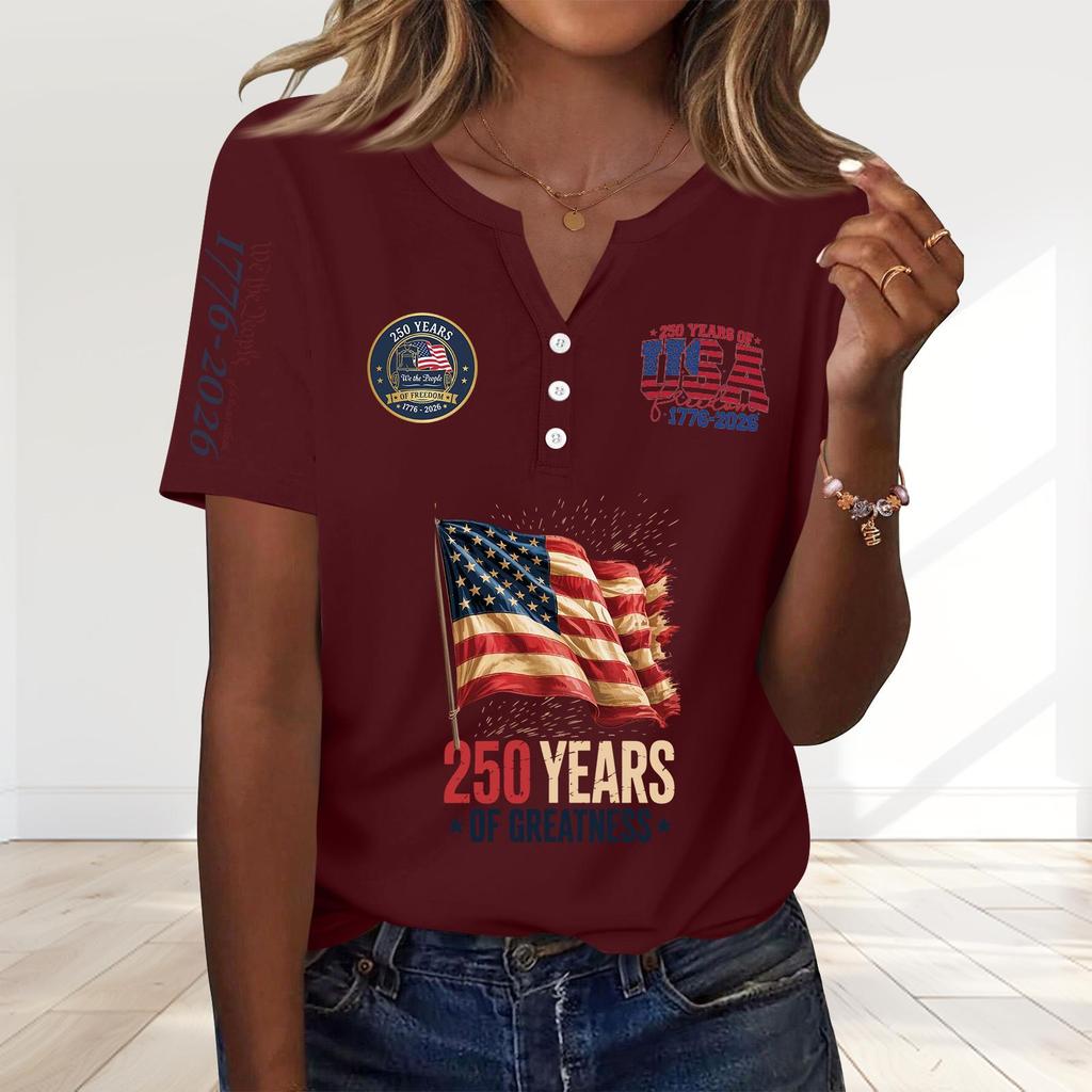 Women's Fashion Casual 250th Anniversary Independence Day Print V-Neck Short Sleeve Decorated Button-Up T-Shirt