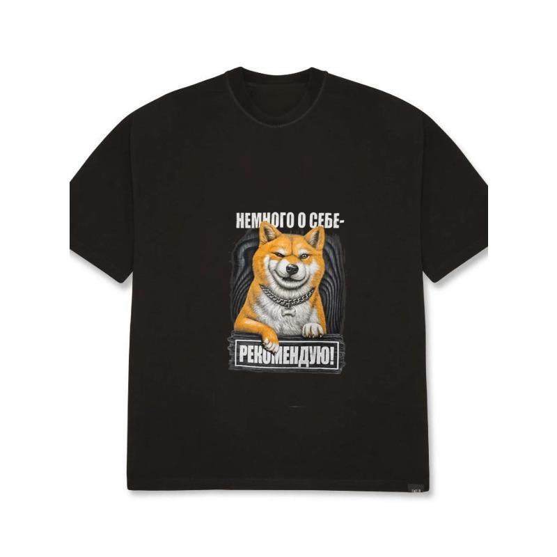 Crewneck T Shirt White Shiba Inu Dog with Chain and Text Recommenduko Streetwear Fashion Casual Wear for Men and Women