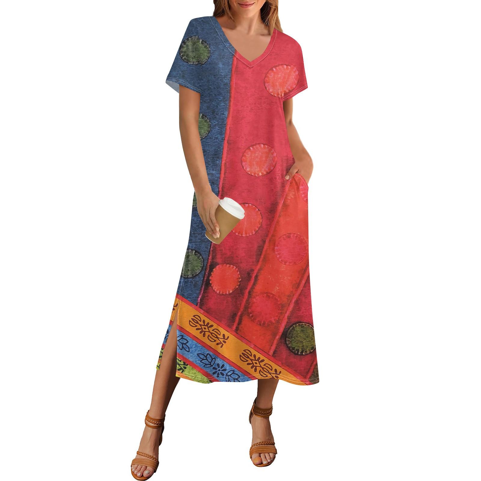 

Женское летнее винтажное платье с принтом в стиле пэчворк, пляжное платье с коротким рукавом и карманом, повседневное платье с V-образным вырезом и боковыми разрезами XL арбуз красный