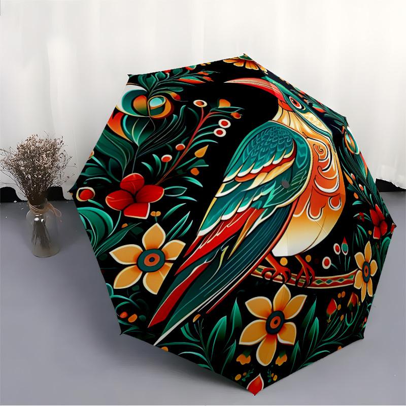 1pc Floral Bird Automatic Folding Umbrella Compact Lightweight Travel Umbrella with 8-Rib Sturdy Frame, Windproof & Self014