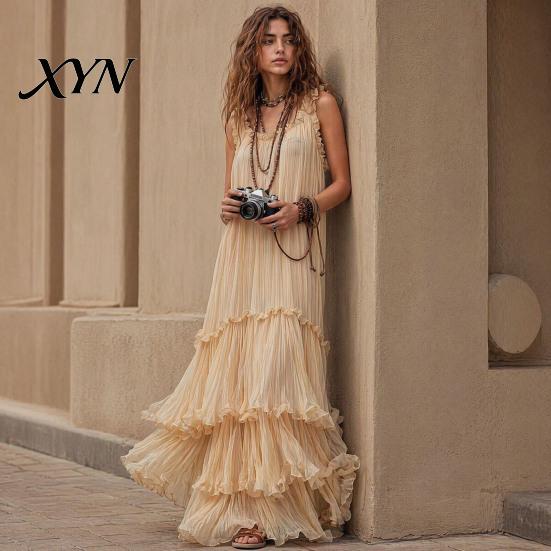 Light Beige Skirt Summer Ruffle Tiered Swing Dress for Women, Boho Beach Daily Outing Flowy Maxi Sundress, Sleeveless A-line Loose Long Casual