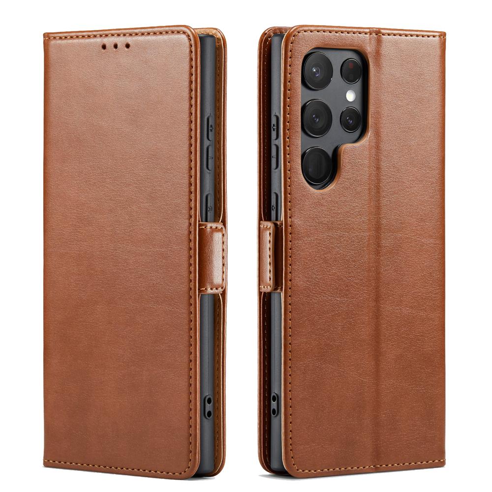 

FIERRE SHANN For Samsung Galaxy S24 Ultra Case Anti-fall Leather Stand Wallet Protective Cover Brown