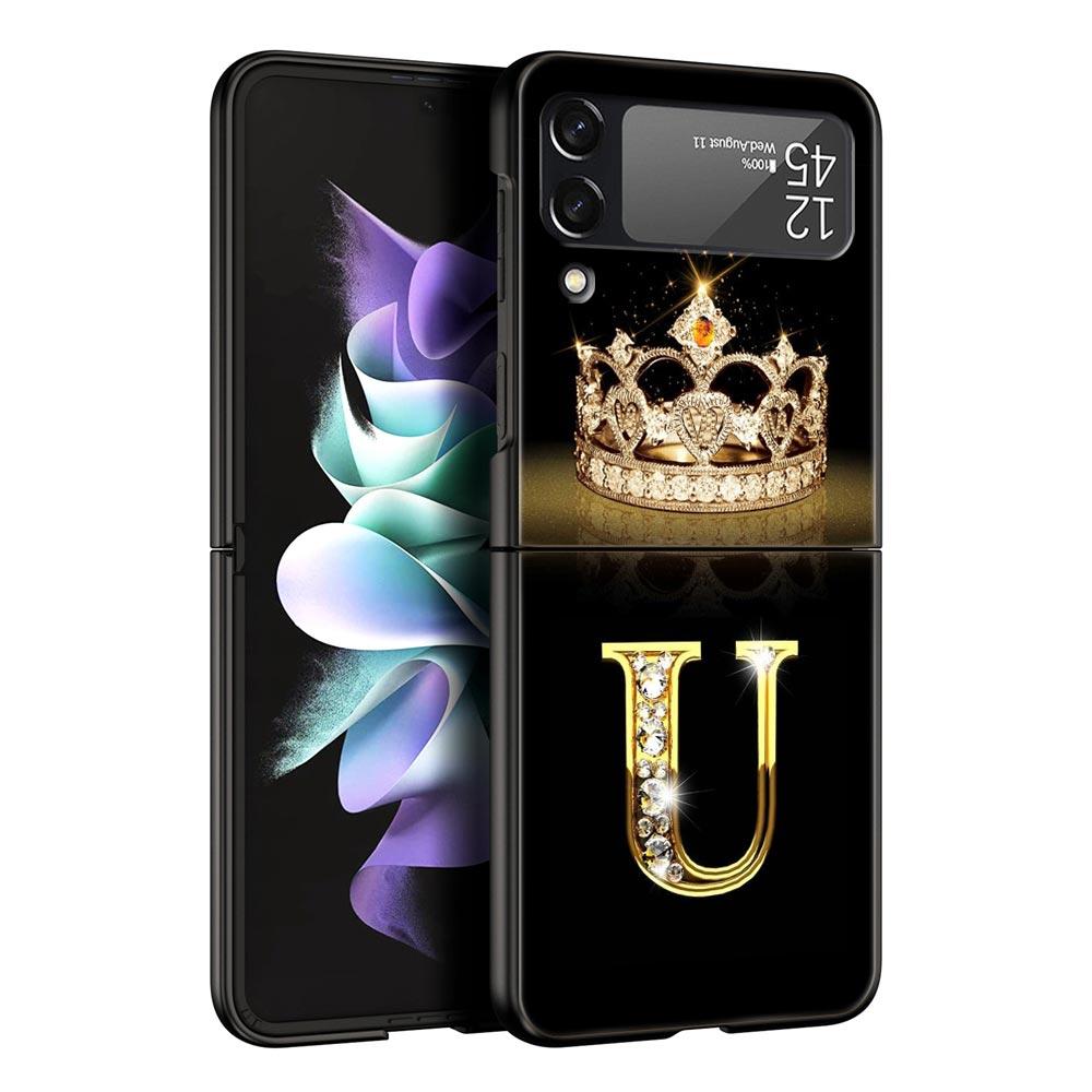 Custodia per Telefono per Samsung Galaxy Z Flip 3 4 5 Pieghevole Guscio Cellulare Duro PC Nero Capa Cover Protettiva Moda Corona di Diamanti Lettera A
