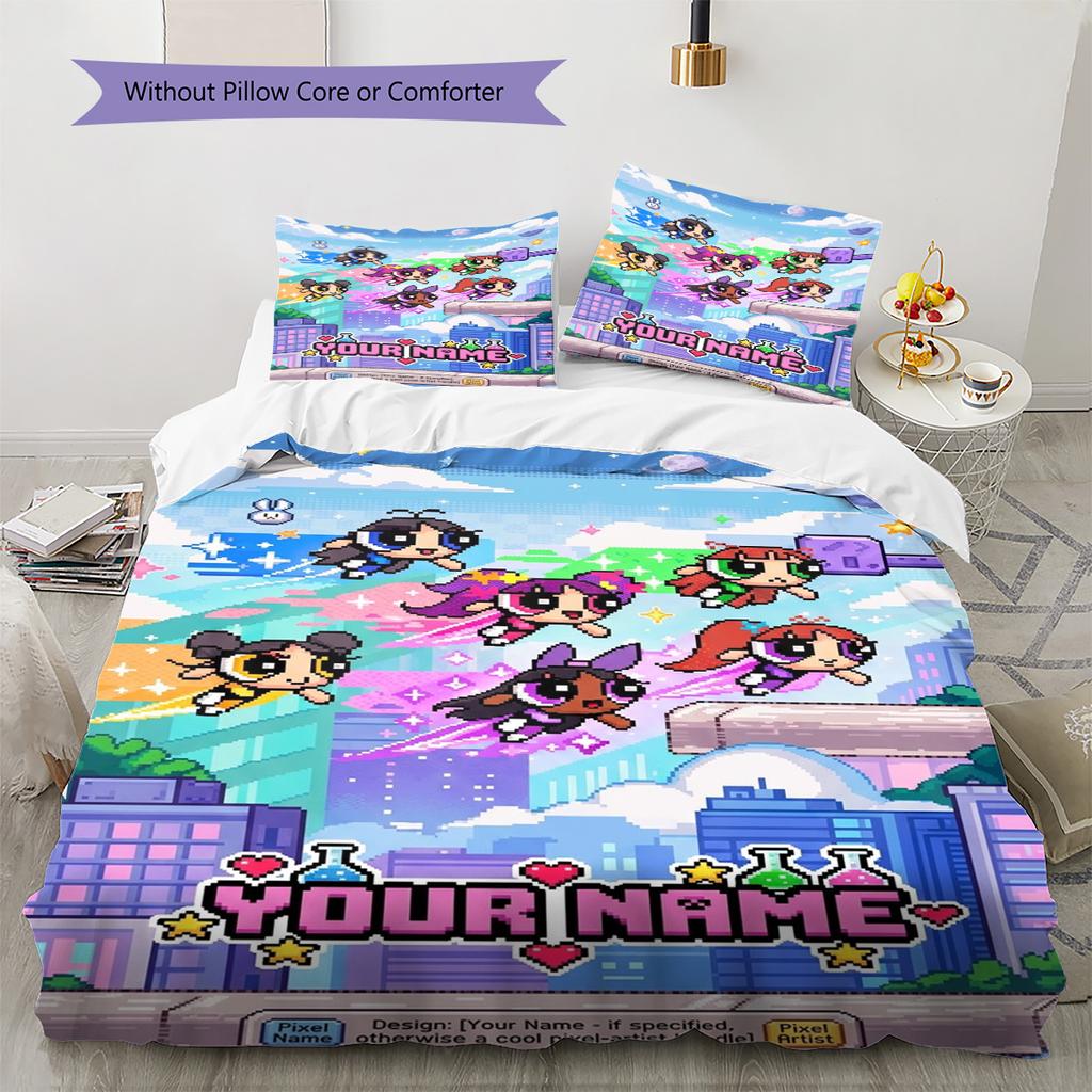 Name Custom Cartoon Powerpuff Pattern Bedding Set Quilt Cover Pillowcase Home Decor Gift (1 * Duvet Cover + 2 * Pillowcase, Without Core)