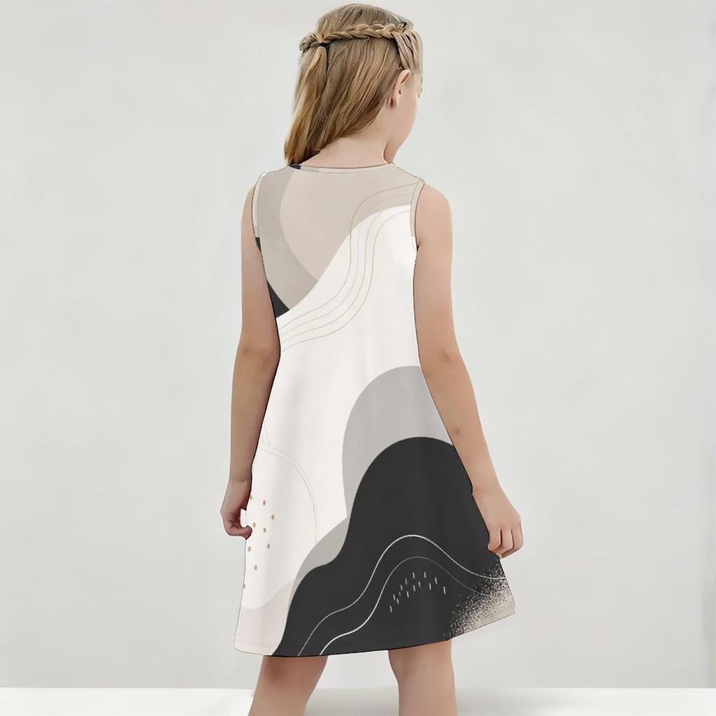 Girls Sleeveless Round Neck Black White Gray Geometric Printed A Line Flared Dress