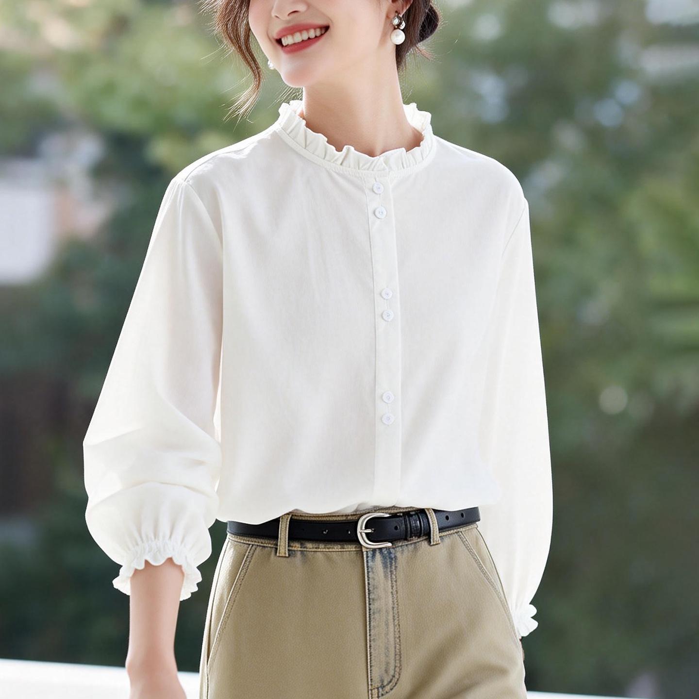 Женская синяя полосатая рубашка с оборками и длинным рукавом - Весна 2026 Хлопковый топ XL