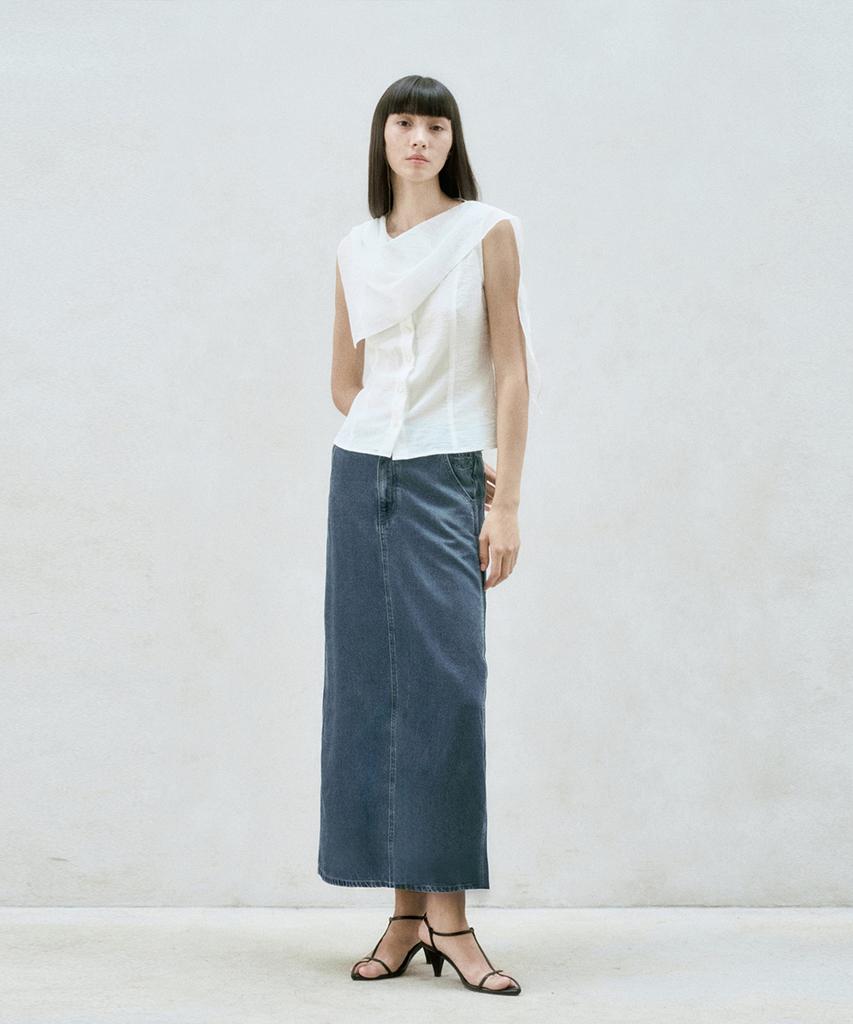 RE RHEE Washed Denim Midi Skirt